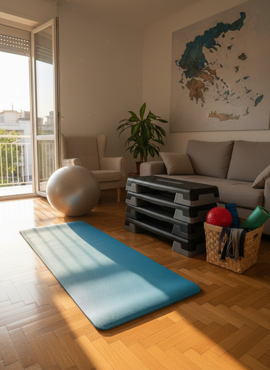 An inviting Thessaloniki living room corner transformed into a small home physiotherapy studio, centered on a thick, sky-blue exercise mat laid out on polished parquet. Beside it, a large, silver stability ball, a neatly stacked set of step platforms, and a compact, open storage box containing massage balls and stretch straps are carefully arranged. In the background, a discreetly blurred map outline of Greece decorates the wall, hinting at local expertise without readable text. Warm late-afternoon sunlight streams through a balcony door, catching motes of dust and creating a golden, optimistic glow. Photographic realism with a wide, slightly elevated shot and balanced composition conveys professionalism, comfort, and structured recovery in the client’s own space.