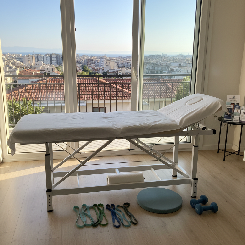 A neatly organized in-home physiotherapy setup in a bright Thessaloniki apartment living room, with a sturdy adjustable treatment table covered in crisp white linens as the central focus. Around it, neatly arranged resistance bands in subtle blues and greens, a balance pad, and a set of light dumbbells rest on a pale wooden floor. Soft natural daylight pours in from a large balcony door overlooking distant urban rooftops, casting gentle, clean shadows. Photographic realism at eye level, with a calm, clinical yet homely atmosphere, clean and modern composition, and a slightly blurred background that hints at Greek-language health brochures on a side table without showing readable text.