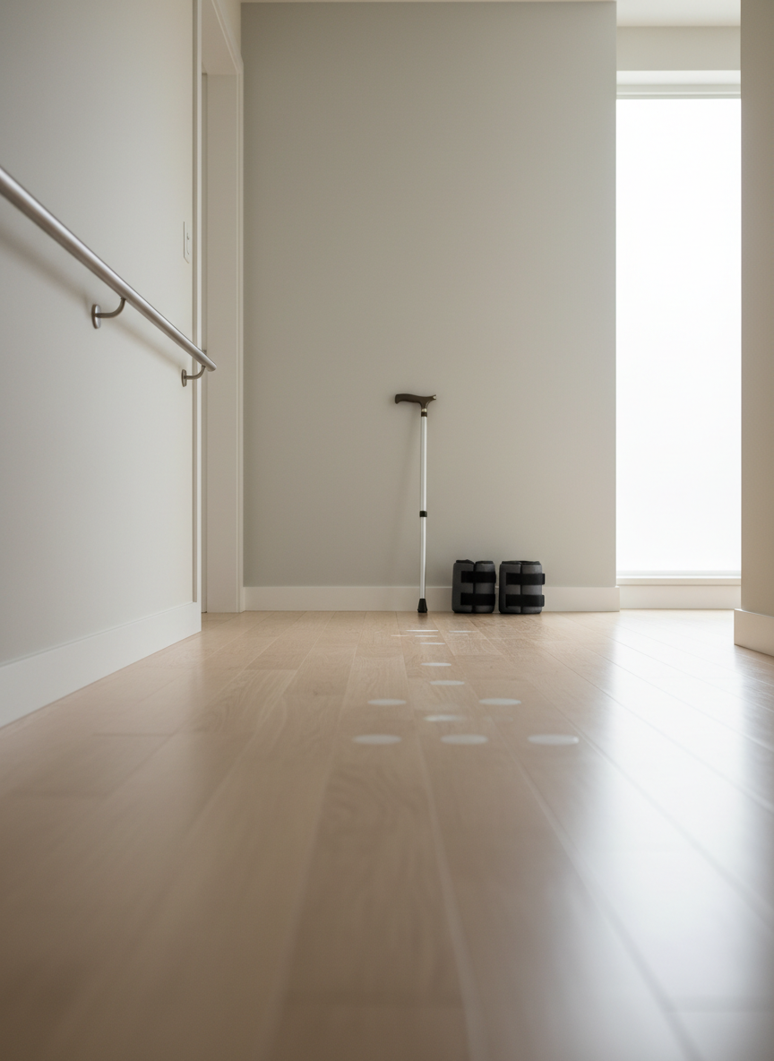 A minimalist home hallway scene showing a clear, safe walking path for gait rehabilitation, with a sleek metal handrail mounted along a pale wall and discreet balance markers on the wooden floor. At one end, a sturdy, modern walking cane and a pair of neatly placed ankle weights rest against the wall, suggesting progressive training for movement and recovery. Natural overcast daylight fills the space from an unseen window, creating soft, even illumination and gentle shadows. Photographic realism from a slightly low, forward-facing angle emphasizes the length of the corridor and the sense of progress. The mood is hopeful, structured, and supportive, ideal for illustrating safe, supervised home mobility training without showing people.
